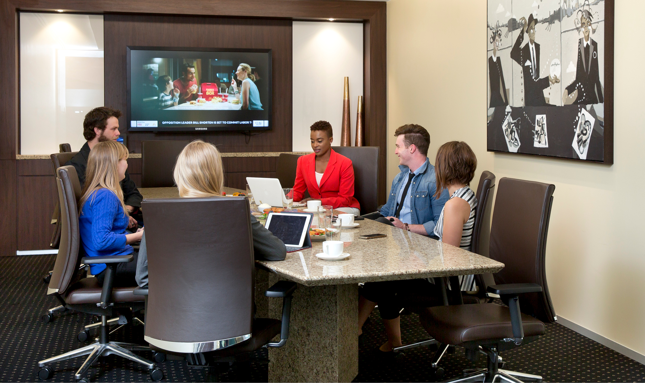 Clients meeting in a fully equipped boardroom with first class IT and premium service.