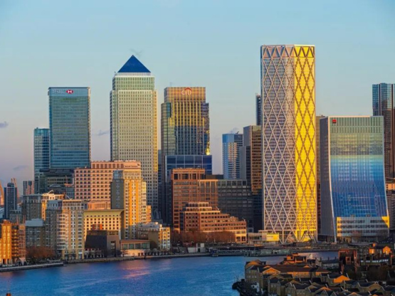 Panoramic view of Canary Wharf - London at sunset.