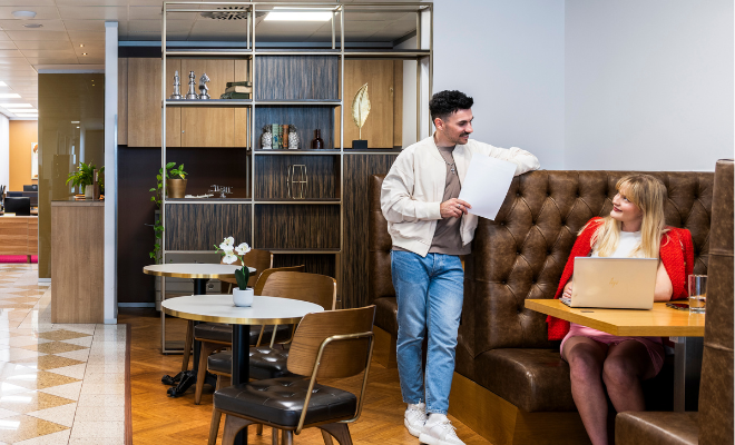 Clients networking in a collaborative booth at The Leadenhall Building coworking space.